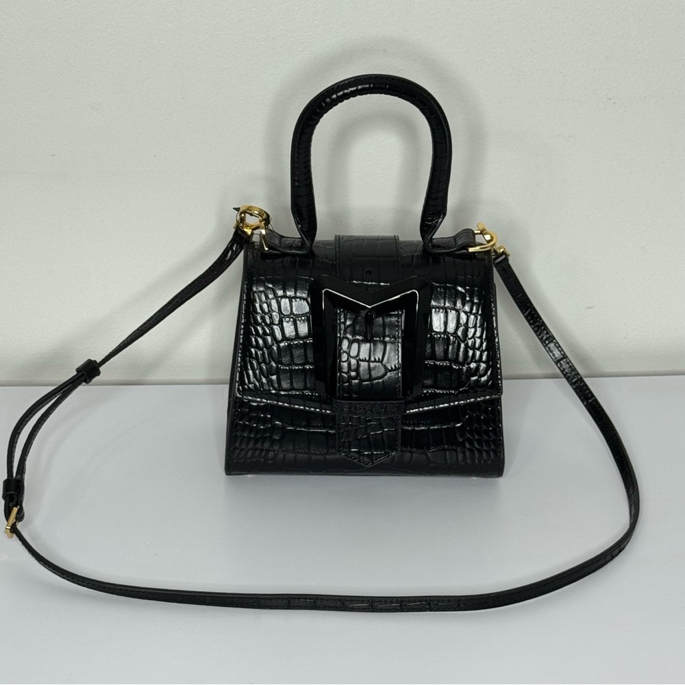 NWOT MAC DUGGAL Black Buckled Mini Croco Leather Handbag with Detachable Strap